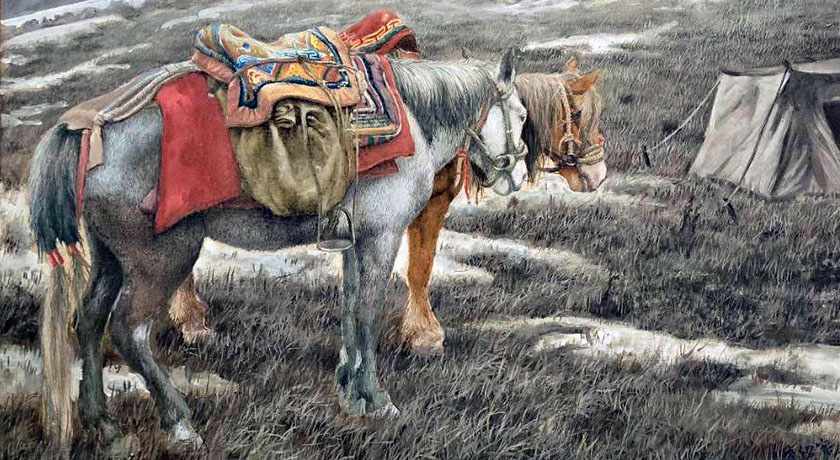 油畫藏品釋出｜李紹寅《塞外寶馬圖》油畫 